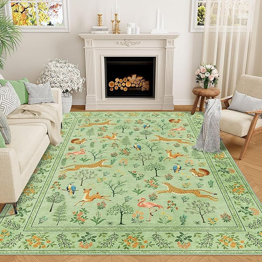 DUKINO 5x7 Rug, Washable Animal Living Room Rug with Non Slip Vintage Design, Soft Low Pile Large Carpet for Bedroom, Nursery, Dining Room, Farmhouse, Playroom, Light Green