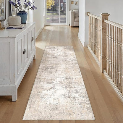 2x8 Washable Runner Rug Beige Grey Abstract Hallway Kitchen Throw Rug Neutral Modern Non Slip Soft Low Pile Carpet for Bathroom Laundry Bedroom Living Room