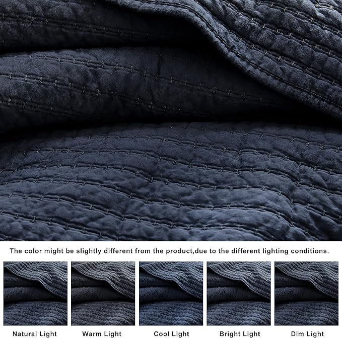 WDCOZY 100% Cotton Queen Size Quilt Set - Navy Blue Striped Pick Stitch Soft Lightweight Bedspread, Textured Like Linen, Farmhouse Country Rustic Coverlet, Shabby Chic Gauze Bedding, 3 Pieces