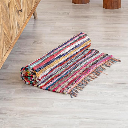 HOMEMONDE Reversible Chindi Rag Rug with Decorative Tassels | 20x32 Inches Hand-Braided Multicolor Cotton Entryway Doormat | Boho Style for Kitchen, Living Room, Bedroom, and Any Space