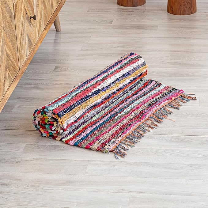 HOMEMONDE Chindi Runner Rug with Tassels 2'x6' Multicolor Recycled Cotton Hand Woven Reversible Boho Rugs for Kitchen, Bedroom, Living Room, Entryway