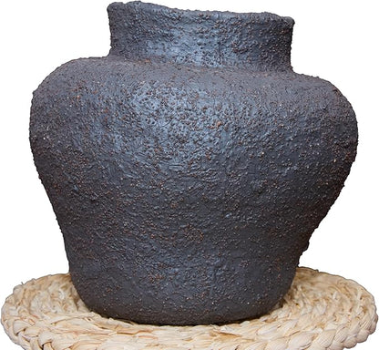 Rustic Wide Mouth Ceramic Flower Vase Vintage Farmhouse Style Decor, Frosted Texture Pottery for Home Decor, Modern Living Room, Office Desk Table Centerpiece (Black) 5.5IN
