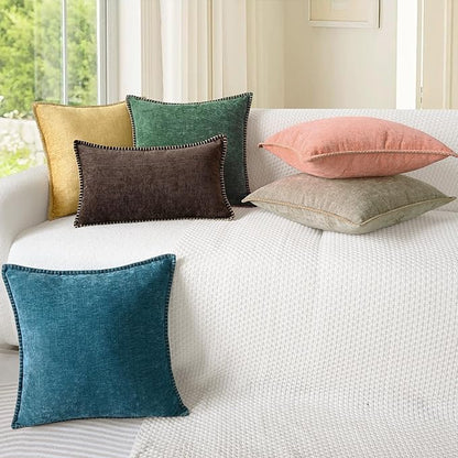 CaliTime Throw Pillow Covers Decorative 18 X 18 Inches Pack of 2 Cotton Thread Stitching Edges Solid Dyed Soft Chenille Cushion Cases for Couch Sofa Bed Living Room Farmhouse Ocean Blue