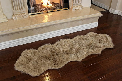 Nouvelle Legende Faux Fur Sheepskin Rug Duo, Soft, Plush, Premium High-Pile Accent Rug for Bedrooms, Hallways & Living Spaces, Warm & Cozy, Decorative, Faux Leather Backing, 23" x 73", Brown