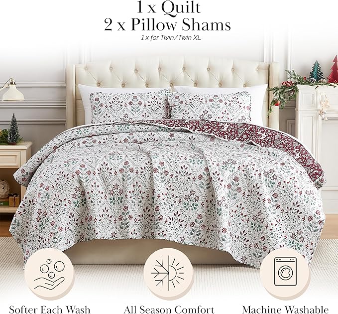 Southshore Fine Living, Inc. Red Christmas Quilt Set, King Size w/2 Pillow Shams, Reversible Christmas Bedding Set, Coverlet King Size w/Snowflakes, Reindeer, Holly - Vintage Red & Cream
