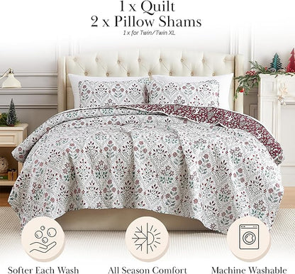 Southshore Fine Living, Inc. Red Christmas Quilt Set, King Size w/2 Pillow Shams, Reversible Christmas Bedding Set, Coverlet King Size w/Snowflakes, Reindeer, Holly - Vintage Red & Cream