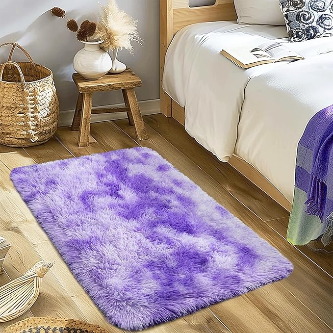 Small Rugs for Bedroom, Fuzzy Throw Rug for Living Room Dorm, Soft Fluffy Bedroom Rug, Non Slip Shag Rugs, Modern Indoor Home Decor Aesthetic, 2x3 Feet, Tie-Dyed Purple