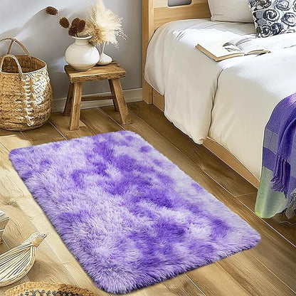 Small Rugs for Bedroom, Fuzzy Throw Rug for Living Room Dorm, Soft Fluffy Bedroom Rug, Non Slip Shag Rugs, Modern Indoor Home Decor Aesthetic, 2x3 Feet, Tie-Dyed Purple