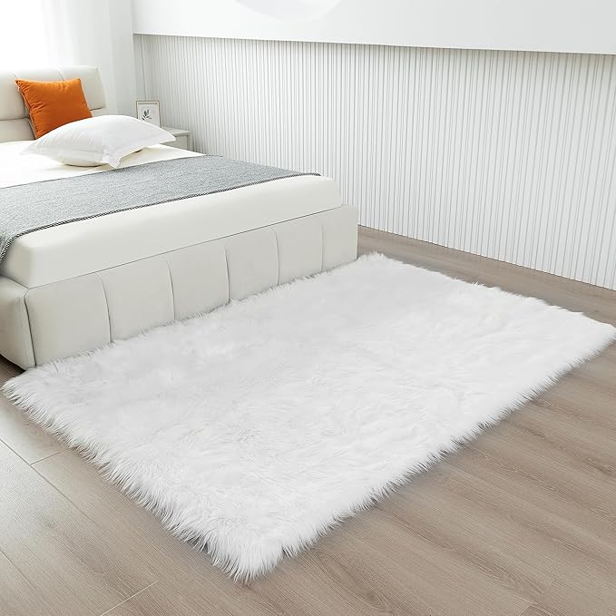 Fluffy Faux Fur Rug White Sheepskin Area Rug,4x6 Ft Ultra Soft Shaggy Plush Rug for Bedroom Bedside Living Room Nursery Kids Room