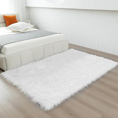 Fluffy Faux Fur Rug White Sheepskin Area Rug,4x6 Ft Ultra Soft Shaggy Plush Rug for Bedroom Bedside Living Room Nursery Kids Room