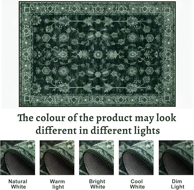 Tangsoo Green 2x5 Runner Rug Non Slip Washable for Kitchen Bathroom, Vintage Floral Boho Rug Runner for Hallway Entryway, Low Pile Carpet Door Mat Indoor Entrance for Bedroom Laundry Pet&Kids Friendly