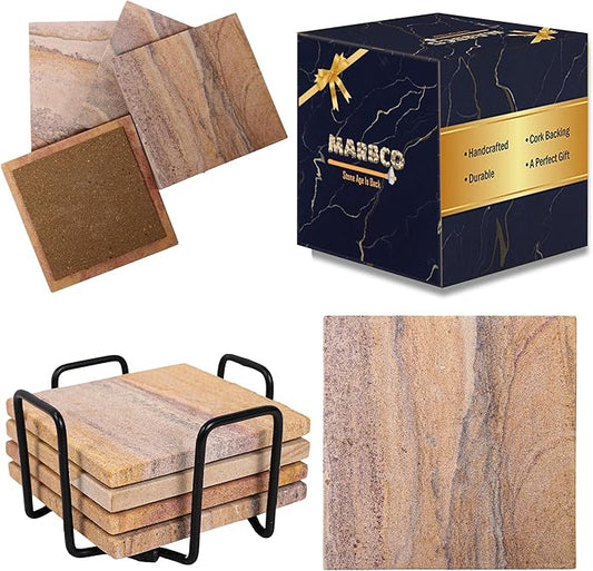 Sandstone Water Absorbent Hand Crafted Square Coasters for Drinks - 4 Inches Wide Thirsty Stone Bar/Drink Coasters- Made from Rainbow Sandstone (Set of 4 with Holder)