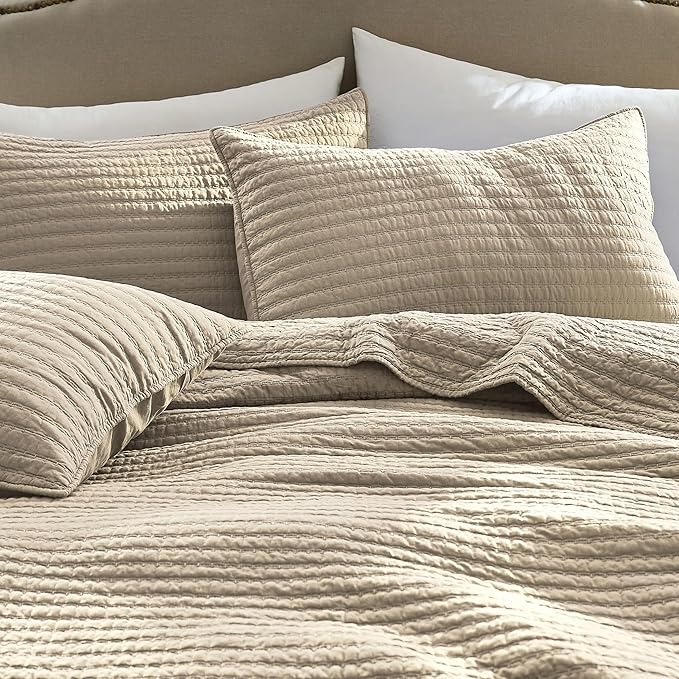 WDCOZY 100% Cotton Oversized King Size Quilt Set - Beige California Cal King Striped Pick Stitch Soft Lightweight Bedspread, Textured Like Linen, Farmhouse Country Rustic Coverlet, 3 Pieces