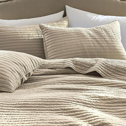 WDCOZY 100% Cotton Oversized King Size Quilt Set - Beige California Cal King Striped Pick Stitch Soft Lightweight Bedspread, Textured Like Linen, Farmhouse Country Rustic Coverlet, 3 Pieces