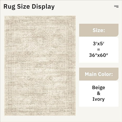 3x5 Rug, Small Area Rug for Kitchen, Entryway, Machine Washable Non-Slip Throw Rug, Vintage Carpet for Nursery Coffee Table Beige