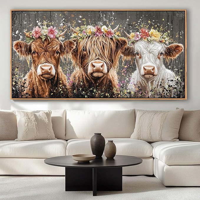 AJAZIKO Highland Cow Wall Art - Farmhouse & Rustic Country Wall Decor, Large Canvas Pictures for Living Room, Above Bed Artwork for Walls - Western Decorations 29×58IN