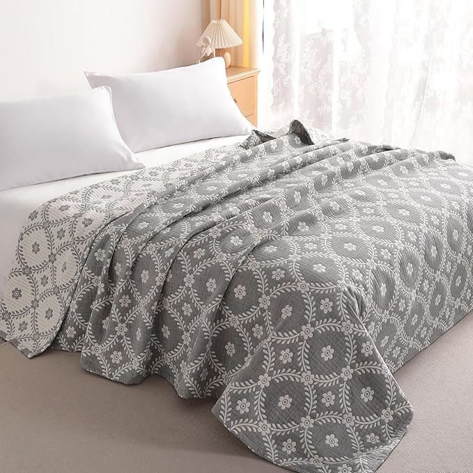 NTBAY 3 Layers Cotton Muslin 68x92 Twin Bed Blanket, Super Soft Breathable Thermal Yarn Dyed Quilt for Adults, Perfect Lightweight Blanket for Couch Sofa Bed All Seasons, Grey Garlands