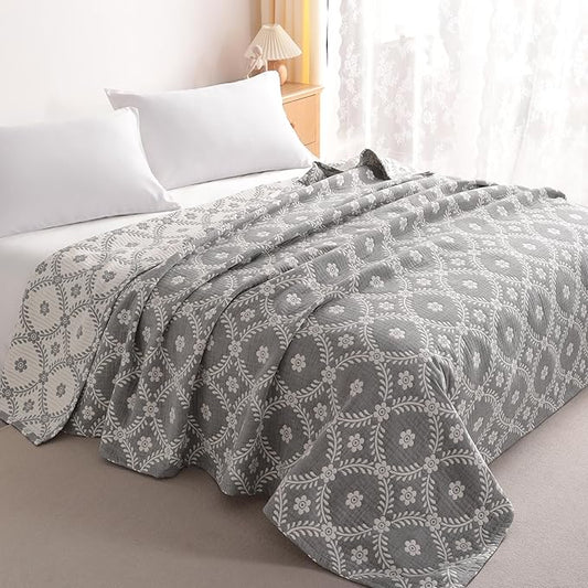 NTBAY 3 Layers Cotton Muslin 106x92 King Bed Blanket, Super Soft Breathable Thermal Yarn Dyed Quilt for Adults, Perfect Lightweight Blanket for Couch Sofa Bed All Seasons, Grey Garlands