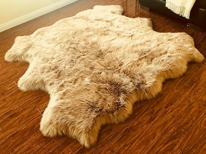 Free Shape Luxury Soft Fluffy Shag Area Rug Sexto 6 Pelts 6'x6',180x180 cm - Vegan Fur Ultra Soft Indoor Carpet Nursery Rugs for Bedroom Home Decor, Camel