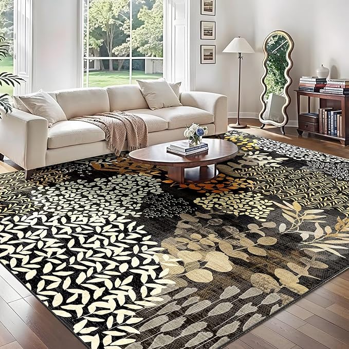 DEXDE 5x7 Area Rugs, Washable Non-Slip Abstract Boho Soft Rug for Living Room Bedroom,Leaves Floral Print Large Carpet for Entryway Playroom Office, Black