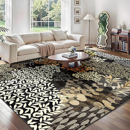 DEXDE 5x7 Area Rugs, Washable Non-Slip Abstract Boho Soft Rug for Living Room Bedroom,Leaves Floral Print Large Carpet for Entryway Playroom Office, Black