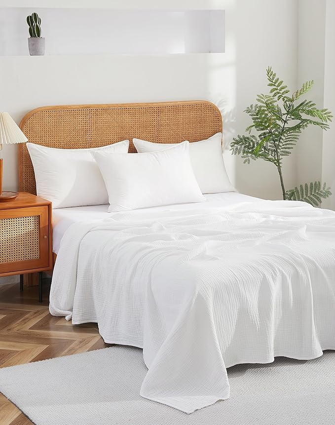 100% Cotton Muslin Throw XL Blanket (50" x 70") – A Luxuriously Soft, 4-Layer Lightweight and Breathable Gauze Blanket, Perfect for Year-Round use on beds, couches (White, Throw XL)