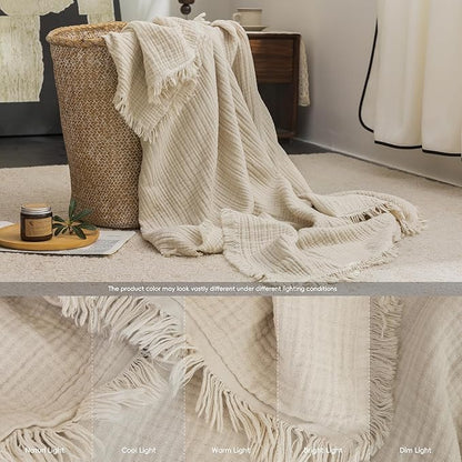 FOSSA Muslin Blanket with Fringe - 4-Layer 100% Cotton Gauze Super Soft & Breathable Throw -Lightweight Decorative Cooling Blanket for Bed, Sofa, Office (Beige, King (104" × 90"))
