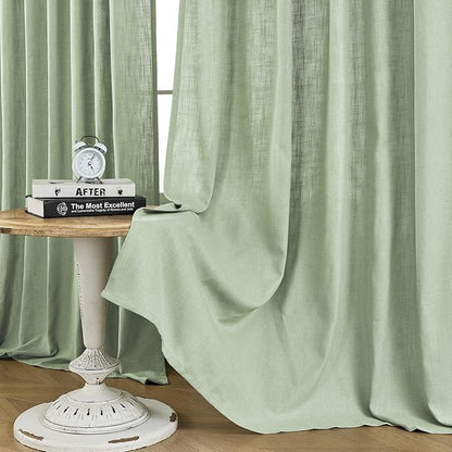 Joydeco Linen Curtains for Living Room,Light Filtering Rod Pocket Back Tab Semi Sheer Drapes Window Long Curtains 90 inches Long Sage Green