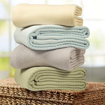 Threadmill Luxury Cotton Blankets for Twin Size Bed | All-Season 100% Cotton Twin Blanket for Bed | Herringbone, Soft & Cozy Fall Thermal Blanket, 350GSM, 68x92 inches | Beige