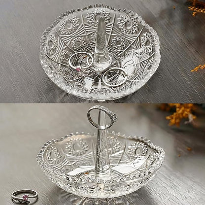 H&D HYALINE & DORA Crystal Ring Holder Dish, Clear Glass Ring Holder for Jewelry,Round Jewelry Holder Tray for Rings Earrings Necklace Organizer