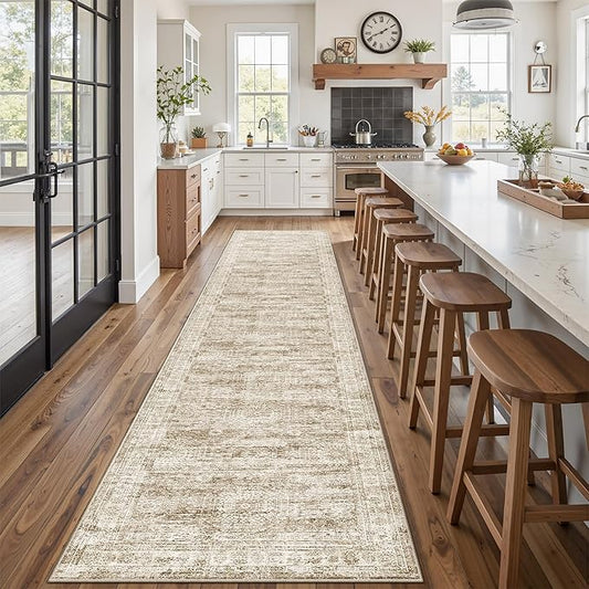 Runner Rug 2'6" x 12' Washable Non-Slip Runner Rugs for Kitchen Bathroom Laundry Room Vintage Ultra Thin Runners for Hallway Entryway Brown