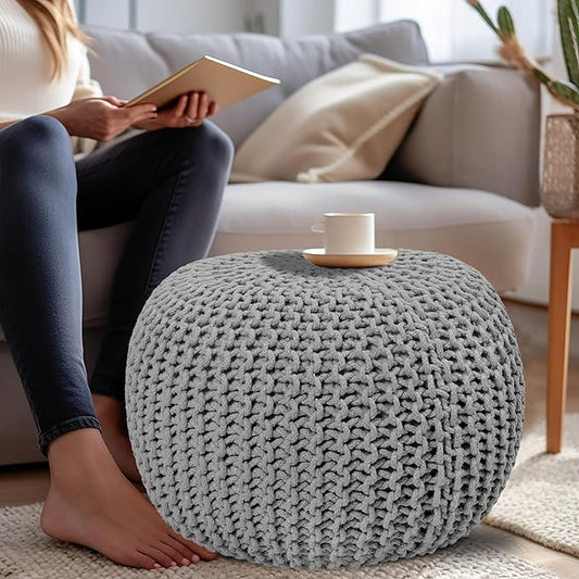 COTTON CRAFT Round Dori Pouf - Cotton Braid Cord Cable Knitted Ottoman - Foot Stool - Footrest - Floor Pouf - Woven Ottoman - Bean Bag - Living Room Dorm - 20 inches Diameter x 14 Height - Light Grey