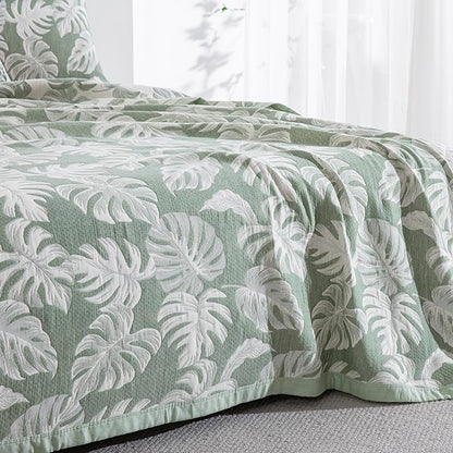 100% Cotton Muslin Jacquard 3 Piece Quilt Set Tropical Monstera Leaf Print, Soft 3 Layers Gauze Bed Cover Reversible Bedspread Coverlet Breathable Lightweight Bedding Set, King