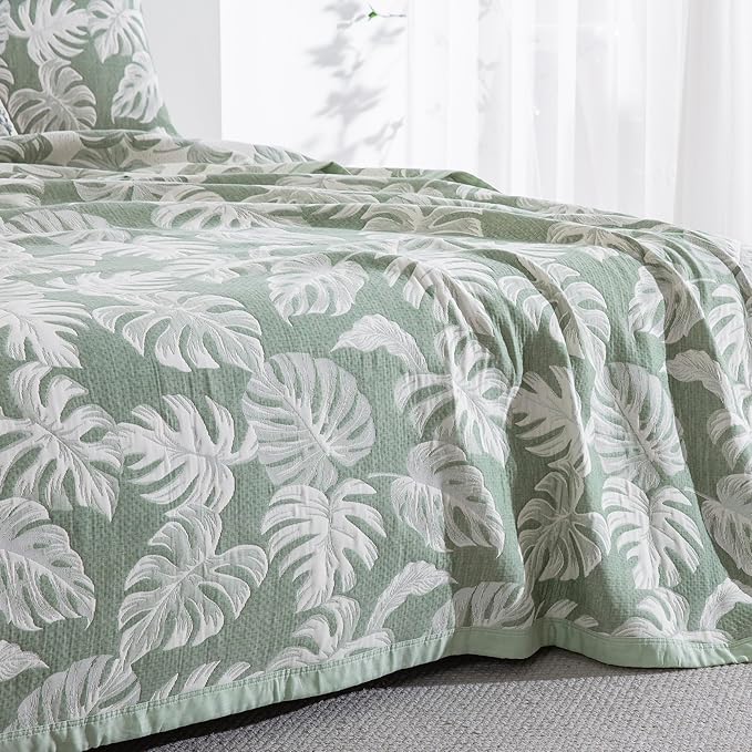 100% Cotton Muslin Jacquard 2 Piece Quilt Set Tropical Monstera Leaf Print, Soft 3 Layers Gauze Bed Cover Reversible Bedspread Coverlet Breathable Lightweight Bedding Set, Twin