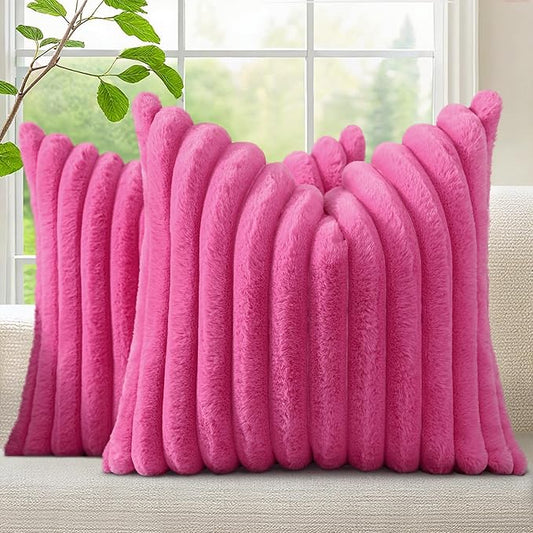 decorUhome Faux Fur Spring Throw Pillow Covers 26x26 Set of 2, Decorative Soft Plush Striped Neutral Couch Euro Sham Pillow Covers with Velvet Back for Sofa, Bed, Living Room Home, Hot Pink