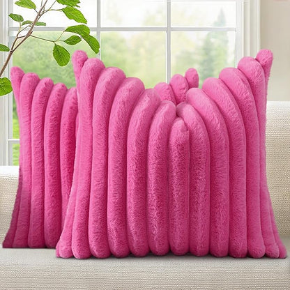 decorUhome Faux Fur Spring Throw Pillow Covers 20x20 Set of 2, Decorative Soft Plush Striped Neutral Couch Pillow Covers with Velvet Back for Sofa, Bed, Living Room Home, Hot Pink