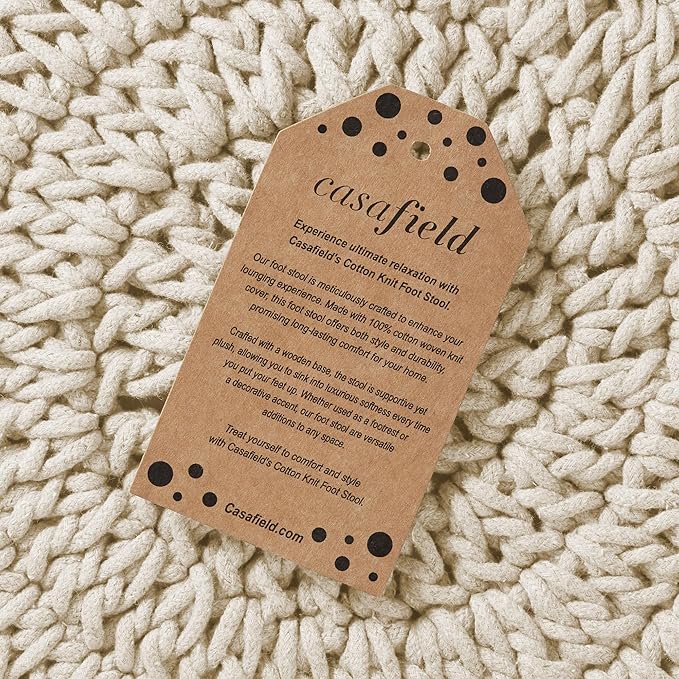 Casafield Pouf Ottoman Footstool, 13" Round x 11" High, Hand-Knitted Cotton Footrest, Non-Skid Wood Legs, Boho Foot Stool for Living Room, Bedroom (Natural)
