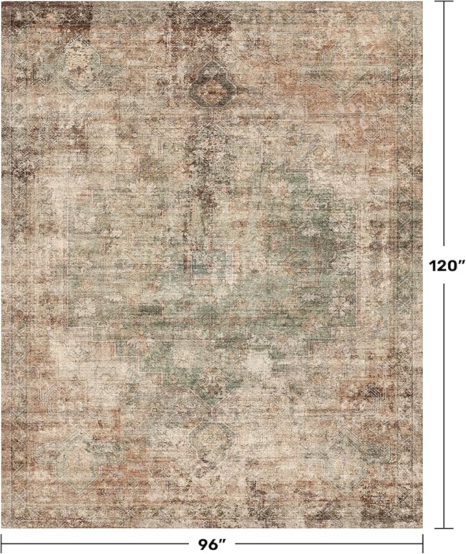 Farmhouse Floor Rugs for Living Room - Brown and Green Dining Room Area Rugs 8x10 for Bedroom, Washable, Soft, Lightweight & Stain Resistance, Neutral Dark Vintage Medallion Decor