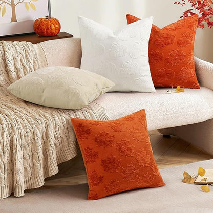 decorUhome Decorative Two Rust Pumpkins Thanksgiving Throw Pillow Covers 18x18 Set of 2, Soft Chenille Jacquard Farmhouse Textured Pillow Covers for Couch Bed Sofa Autumn Harvest Halloween Holiday