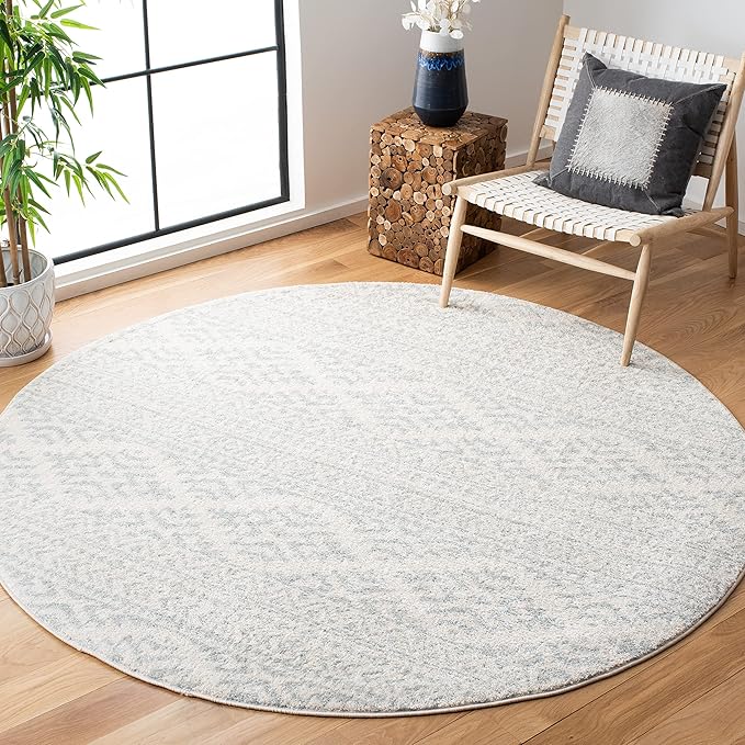 SAFAVIEH Tulum Collection Area Rug - 8' Round, Ivory & Light Grey, Moroccan Boho Tribal Design, Non-Shedding & Easy to Clean, Ideal for Living Room, Bedroom, Dining Space (TUL272G)