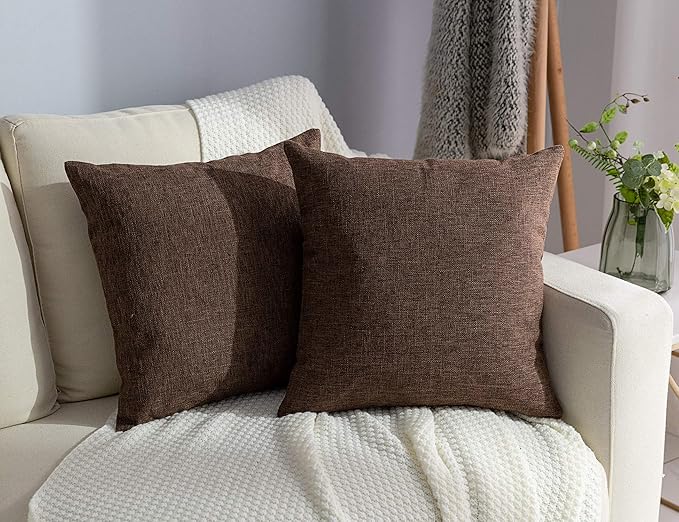 Stellhome Pack of 2 Linen Throw Pillow Covers Solid Fall Decorative Cushion Covers Pillowcase for Home Decoration, 16x16 Inch, Brown