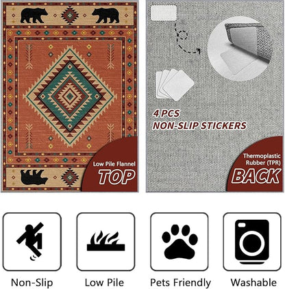 Cabin Rug 5x8 - Bear Southwestern Aztec Area Rugs for Living Room Bedroom, Rustic Lodge Machine Washable | Non-Slip | Soft Large Carpets, Native American Room Decor (Orange Tan Black)