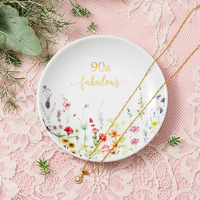 Crisky 90 Fabulous Jewelry Ring Dish for Women 90th Birthday Gifts Idea for 90 Year Old Gifts for Her Friend Sister Wife Mom Aunt Female Coworkers