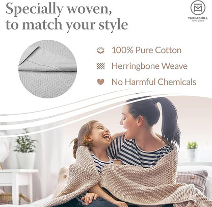 Threadmill Luxury Cotton Blankets for Queen Size Bed | All-Season 100% Cotton Queen Size Blanket | Herringbone Cozy, Soft Breathable Fall Thermal Blanket fits Full Size Bed | Light Grey
