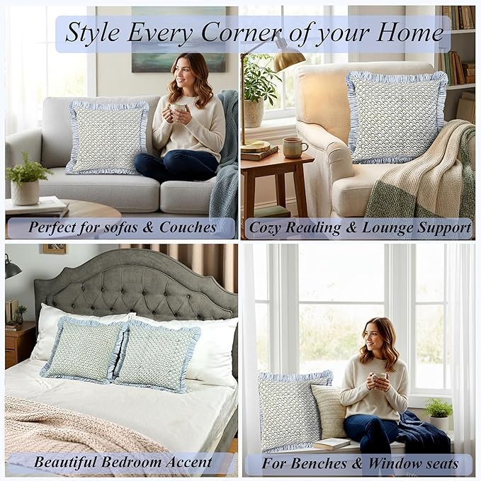 Ridhi Hand Fan Harmony Modern Farmhouse Pillow 20x20 Throw Pillow Covers Set of 2 with Ruffle for Couch Sofa Bed Living Room Home Decor for Christmas, Thanksgiving