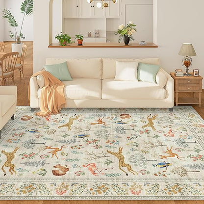 DUKINO 9x12 Rug, Washable Animal Living Room Rug with Non Slip Vintage Design, Soft Low Pile Large Carpet for Bedroom, Nursery, Dining Room, Farmhouse, Playroom, White