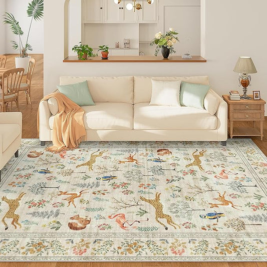 DUKINO 9x12 Rug, Washable Animal Living Room Rug with Non Slip Vintage Design, Soft Low Pile Large Carpet for Bedroom, Nursery, Dining Room, Farmhouse, Playroom, White