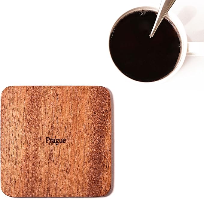 Prague Map Coaster by O3 Design Studio, Set Of 4, Sapele Wooden Coaster With City Map, Handmade