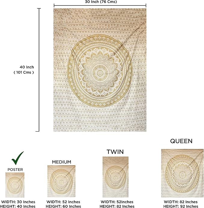 raajsee Mandala Tapestry - Boho Wall Art - 30x40 Inches - White Gold - Bedroom Decor