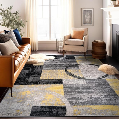 Rugshop Contemporary Circle Design Area Rug, Carpet with Jute Backing for Living Room, Bedroom, or Dining Room, Yellow, 7'10" x 10'2"